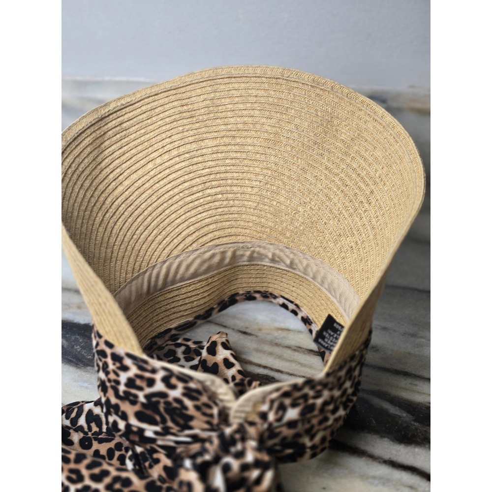 August Hat Company Leopard Print Scarf Tie Straw Visor Tan Brown RN 67508 - Picture 4 of 8